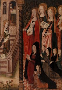 Maria geht zum Tempel, vier weibliche Heilige und eine weibliche Stifterin mit ihren Töchtern von Unknown artist
