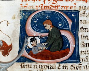 Medizin: Kranke Person heilt zu Hause. Detail. Manuskriptseite (ms.d.xxv) „Traktat von Galen“ (Trattato di Galeno) übersetzt von Nicola da Reggio, Philologe und Arzt. 14. Jahrhundert von Unknown artist