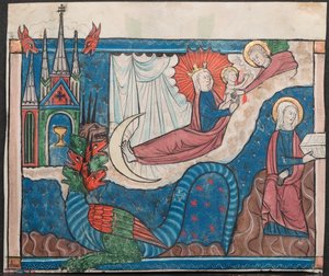 Miniatur aus einem Manuskript der Apokalypse: Die Frau, bekleidet mit der Sonne und Der Krieg im Himmel