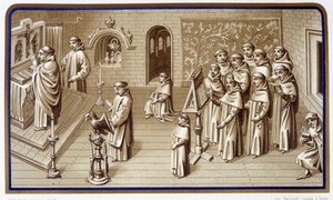 Mönche in einer Kapelle des Klosters: Gebet und Chor. Grisaille der Wunder Unserer Lieben Frau. Chromolithographie. 19. Jahrhundert