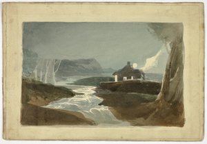Mond über Hütte am Wasserfall (recto); Turm und strohgedecktes Stadthaus (verso)
