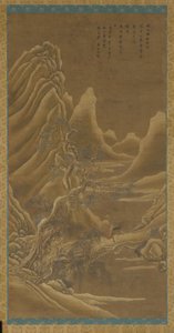 Berge, ein Fluss und Kiefern—ein Mann auf einem Esel von Unknown artist