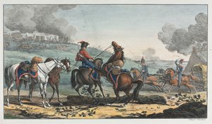 Berittener Artillerist führt drei Pferde