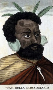 Einheimische Maori aus Neuseeland. Gravur des 19. Jahrhunderts.