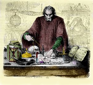Nicolas Flamel (1330 - 1418) in seinem Labor