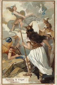Nordische Mythologie: Die Walküren (jungfräuliche Kriegerinnen) in Valholl (oder Walhalla, Valhalla, Valhalle: Ort, an dem tapfere Krieger gebracht werden) und der Fall der Krieger im Kampf. Chromolithographie des 19. Jahrhunderts