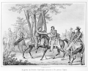 Am 26. Oktober 1860 traf Giuseppe Garibaldi König Viktor Emanuel II. in der Nähe von Teano. Gravur des 19. Jahrhunderts von Unknown artist