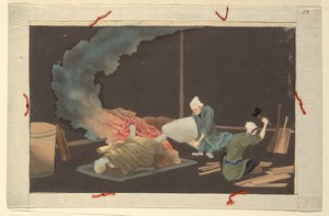 Eine von sechzehn Szenen des Todes und der Beerdigung eines Mannes von Unknown artist