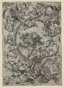 Ornamentales Laubwerk mit einer Eule und anderen Vögeln