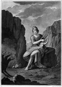 Orpheus am Eingang zur Unterwelt trifft Cerberus. Lithografie. 19. Jahrhundert von Unknown artist
