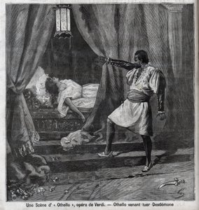 Othello hat gerade Desdemona in seinem Bett getötet. Szene aus der Oper „Othello“ von Giuseppe Verdi (1813-1901). Gravur in „Le Parisien“