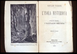 Seite einer italienischen Ausgabe von „Die geheimnisvolle Insel“ von Jules Verne. 1878. Mailand