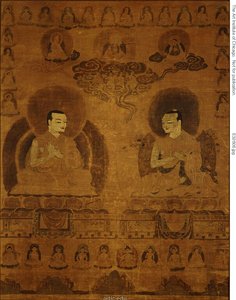 Gemaltes Banner (Thangka) der Sakyapa-Linie Lehrer