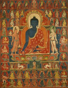 Gemaltes Banner (Thangka) mit dem Medizin-Buddha (Bhaishajyaguru)