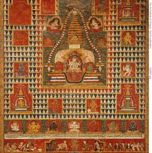 Gemaltes Banner (paubha) der Göttin Ushnishavijaya in einem Grabhügel (chaitya) und umgeben von Chaityas