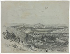 Panoramablick auf eine Eisenbahnbrücke und Stadt von Unknown artist