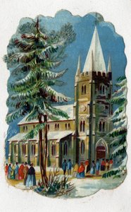 Kirchgänger auf dem Weg zur Sonntagsmesse. Chromolithographie um 1890 von Unknown artist