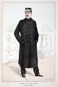 Friedensoffizier, Winterkleidung (Lepine-Periode). Farbradierung zur Illustration „Histoire du corps des gardiens de la paix“, Buch veröffentlicht unter der Schirmherrschaft von Louis Lepine (1846-1933), Polizeipräfekt der Seine, von Alfred Rey (1864-?) un von Unknown artist