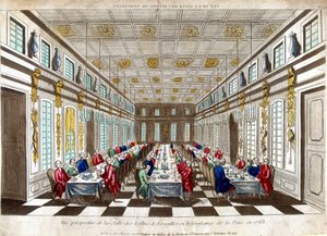 Perspektivische Ansicht des Festsaals von Versailles zur Feier des Friedens im Jahr 1763 zwischen Großbritannien, Frankreich und Spanien. von Unknown artist