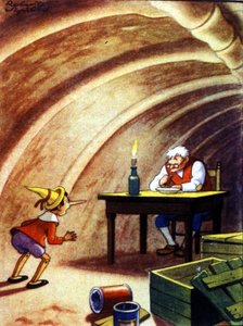 Pinocchio findet seinen Vater im Bauch eines riesigen Fisches. Illustration des Märchens von Carlo Collodi.