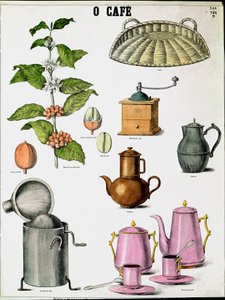 Tafel, die die verschiedenen Stadien der Kaffeeherstellung illustriert. Gravur des 19. Jahrhunderts
