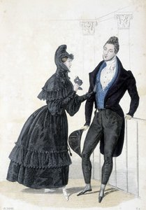 Tafel, die die männliche und weibliche Mode der 1830er Jahre illustriert. Die Frau trägt ein Kleid mit Kapuze und hält eine Ballmaske in den Händen.