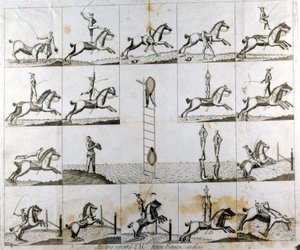 Tafel mit 19 Drucken, die die Heldentaten des englischen Voltigeurs Mr. Price darstellen. Um 1790