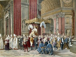 Papst Pius IX. (1792-1846) ging zur Eröffnungszeremonie am 08.12.1869 des ersten Vatikanischen Konzils in der Petersbasilika. Es ist auf der Sedia Gestatoria. Illustration der Zeit.