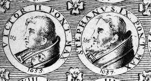 Päpste Viktor II. (gestorben 1057) und Stephan IX. (gestorben 1058). Gravur aus dem 18. Jahrhundert