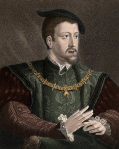 Porträt von Kaiser Karl V. (1500-1558) mit der Halskette des Ordens vom Goldenen Vlies - Karl V. (1500-1558) trägt die Kette des Ordens vom Goldenen Vlies um den Hals - Stich - 19. Jahrhundert von Unknown artist