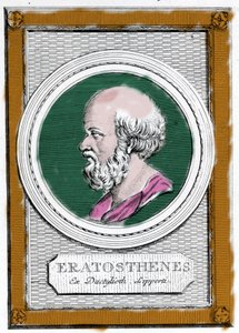 Porträt von Eratosthenes von Kyrene (ca. 284 v. Chr. - 194 v. Chr.), griechischer Wissenschaftler, Geograph und Dichter. Er war Direktor der Bibliothek von Alexandria und berechnete die Länge des Erdmeridians. Porträt aus: „Galleria degli antichi greci e r von Unknown artist