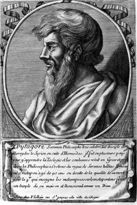 Porträt von Pythagoras (ca. 570 - ca. 480 v. Chr.), griechischer Mathematiker und Philosoph. Gravur des 18. Jahrhunderts.