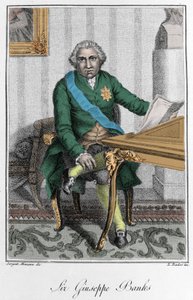 Porträt von Sir Joseph Banks (1743-1820), englischer Entdecker und Naturforscher. Farbgravur