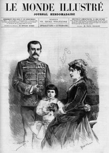 Porträt des Königs von Serbien Milan I. (Milan Obrenovich) (1854-1901), umgeben von Königin Nathalie und ihrem Thronfolger Prinz Alexander, in „The Illustrous World 1885“
