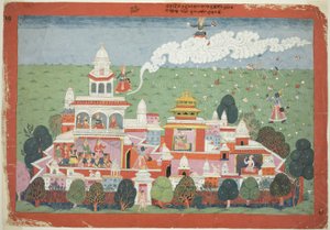 Pradyumna betritt den Palast des Dämons Sambar und fordert ihn zum Kampf heraus, Seite aus einem verstreuten Bhagavata Purana Manuskript von Unknown artist