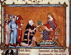 Buchvorstellung: Jean de Joinville (1224-1317) überreicht sein Buch an Louis, König von Navarra, den zukünftigen Ludwig X. (Miniatur in „Leben des heiligen Ludwig“) von Unknown artist
