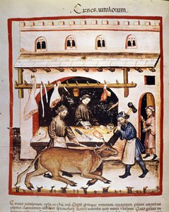 Produktion und Verkauf (Metzger) von Rindfleisch: Ein Rind wird betäubt. Beleuchtung aus der Melkung der Medizin und Diätetik „Tacuinum sanitatis“ von Unknown artist