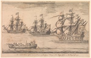 Fortschritt des Schiffbaus. 1. Das Weidenboot der alten Briten 2. Die Great Harry 3. Die Royal James 4. Die Royal George