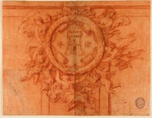 Entwurf für eine Wanddekoration (weibliche Figuren und Putti stützen ein rundes Medaillon mit Wappen)