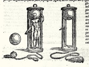 Projekt des ersten Tauchanzugs von Nicoli Fontana, bekannt als Tartaglia (1499 - 1557) im Jahr 1551. Gravur 16. Jahrhundert.