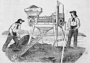 Werbung „The Fortune, Company of the Gold Mines of California“: Bild, das zwei Goldgräber zeigt, die in Waschmaschinen arbeiten und Gold mischen - in „Le Charivari“ vom 25. Juni von Unknown artist