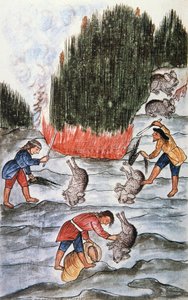 Hasenjagd, aus dem Buch "Trujillo del Peru" oder "Códice Martínez Compañón", von Baltazar Martinez Compañón y Bujanda, Bischof von Trujillo (1782-1785)