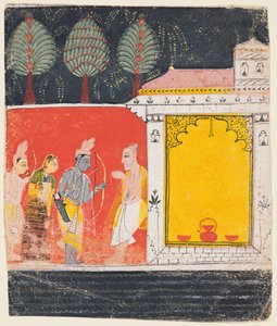 Rama, Sita und Lakshmana besuchen die Einsiedelei des Weisen Bharadvaja in Prayaga, aus einem Ramayana von Unknown artist