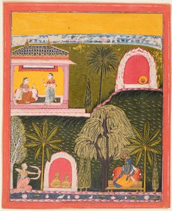 Rati, die Göttin der erotischen Liebe, zielt auf Krishna, aus einer Rasikapriya von Unknown artist