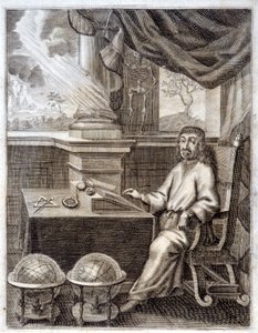 René Descartes (1596 - 1650) in seinem Büro mit wissenschaftlichen Geräten. Gravur des 17. Jahrhunderts