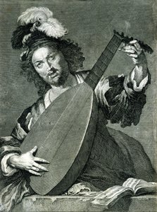 Darstellung eines Lautenspielers, der sein Instrument stimmt.