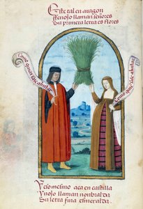Darstellung der katholischen Könige Ferdinand II. und Isabella I. von Kastilien mit einem Fenchelstrauß. Manuskriptseite aus der 