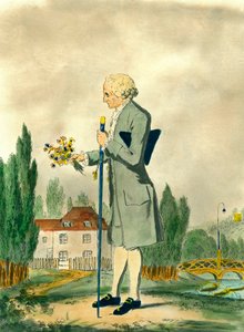 Darstellung des Schweizer Philosophen Jean Jacques Rousseau (1712-1778) beim Blumenpflücken in Ermenonville. Stich des 18. Jahrhunderts. Privatsammlung
