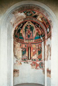 Darstellung der Jungfrau und des Kindes, umgeben von den Heiligen Drei Königen. Fresko aus der zentralen Apsis der Kirche Santa Maria in Taüll. Um 1123. Barcelona. Nationalmuseum für Kunst von Katalonien von Unknown artist