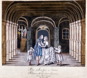 Darstellung der Oper „Giulio Sabino“ von Giuseppe Sarti (1729-1802) in Wien 1785. Auf der Bühne Caterina (Katharina) Cavalieri und der Kastrat Luigi Marchesi. Mailand